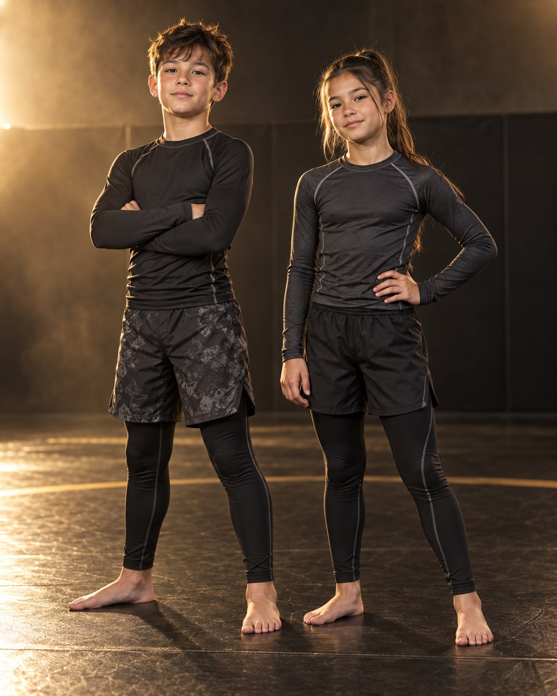 Duas crianças usando roupas técnicas de grappling e No-Gi